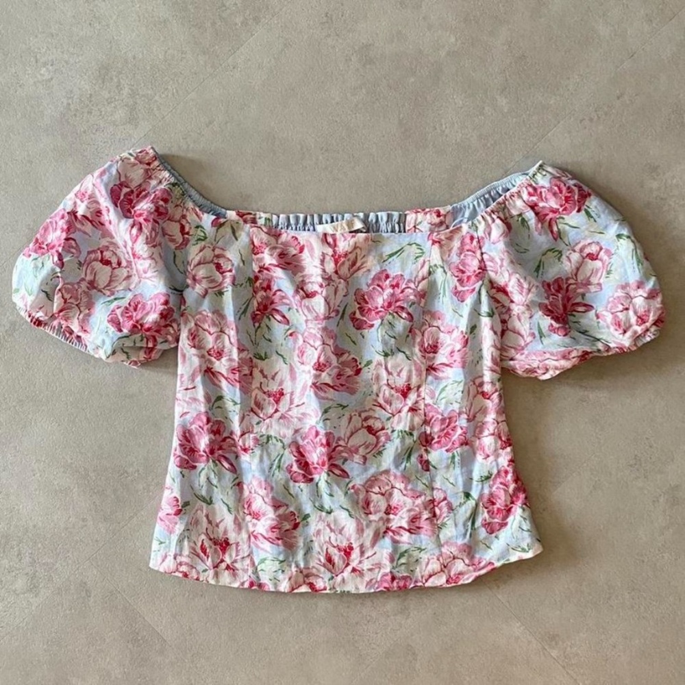 Wayf Altona Linen Top with Floral Pattern On or Off the Shoulder